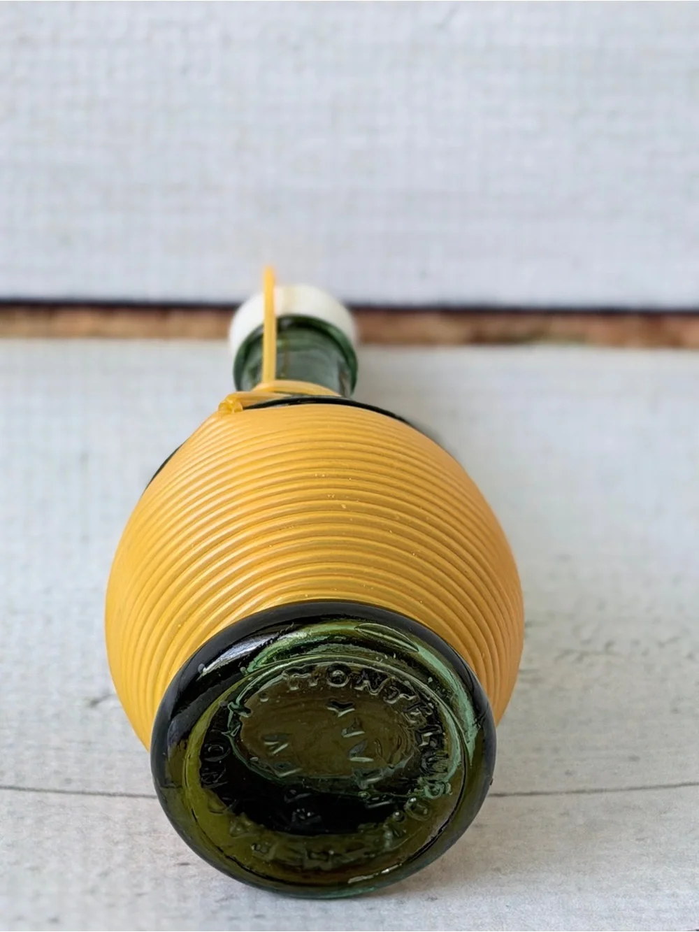 Vintage Ucagco Italy Green Glass Wine Bottle Salt Shaker Plastic Raffia Wrap